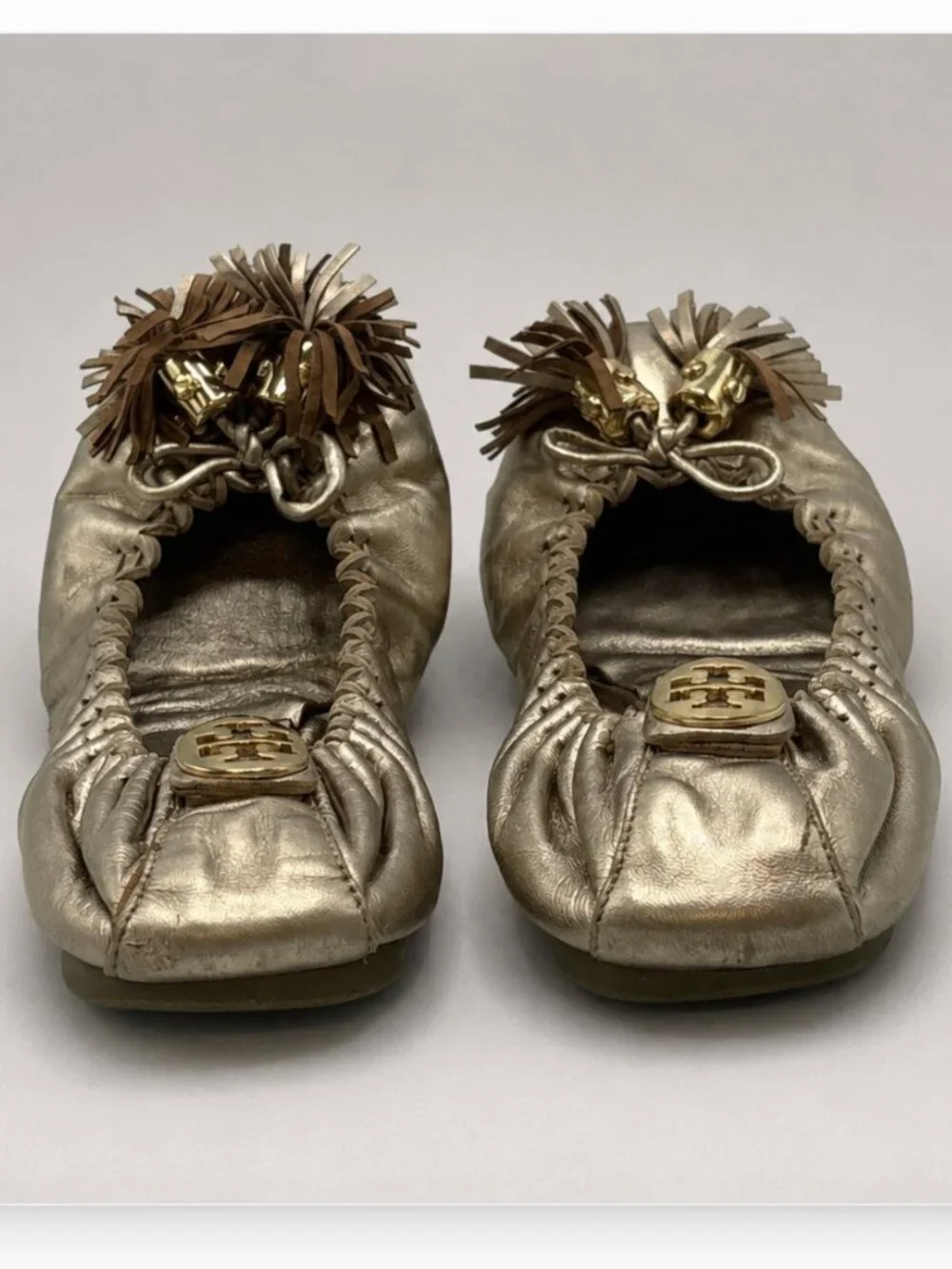 VTG Tory Burch Minnie Tassel Ballet Flats Metallic Gold Leather Sz 8 Flawed